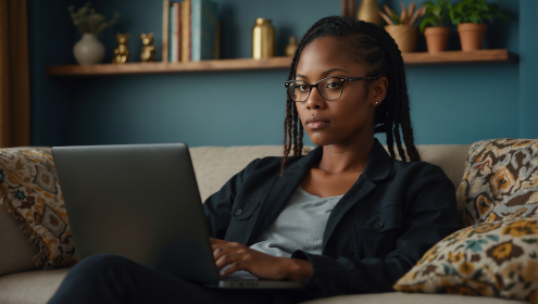 Schwarze Frau sitzt auf Couch zum Onlineshoppen